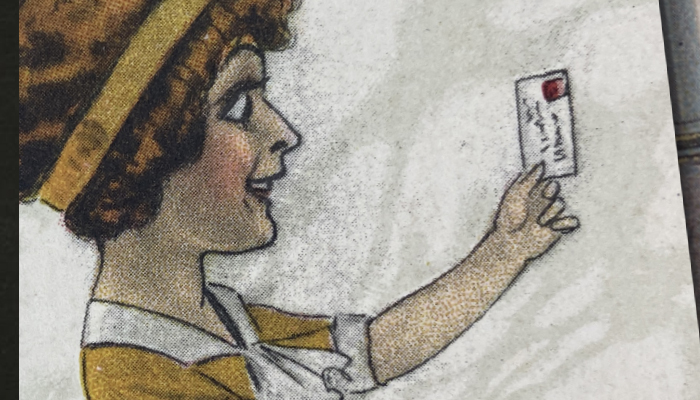 Illustration of a woman holding a postcard